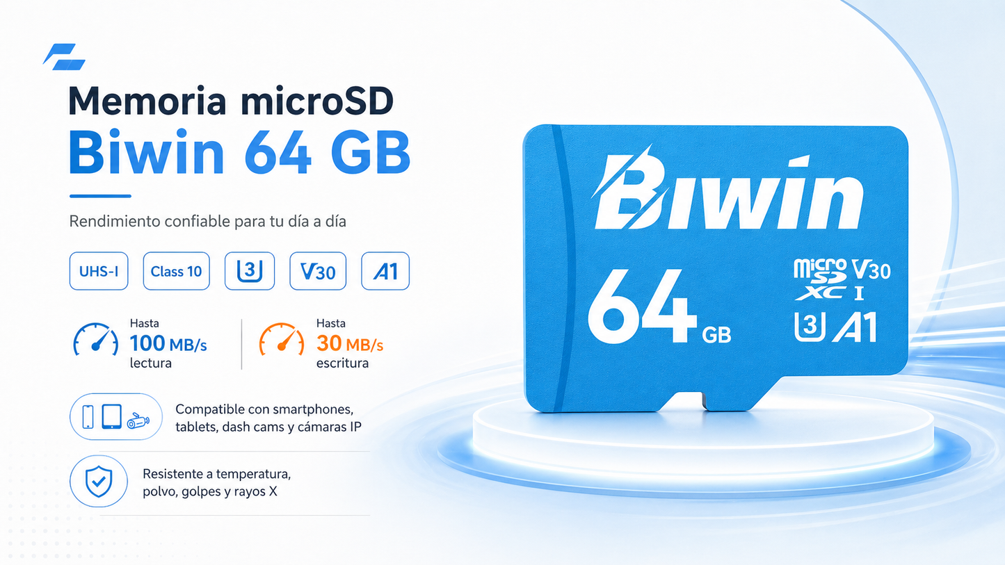 Memoria micro SD 64GB MS100 - Class 10, A1, UHS-I (U3), V30 (up to 100MB/s read, up to 30MB/s write) - Biwin 64 GB