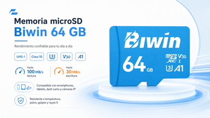 Memoria micro SD 64GB MS100 - Class 10, A1, UHS-I (U3), V30 (up to 100MB/s read, up to 30MB/s write) - Biwin 64 GB