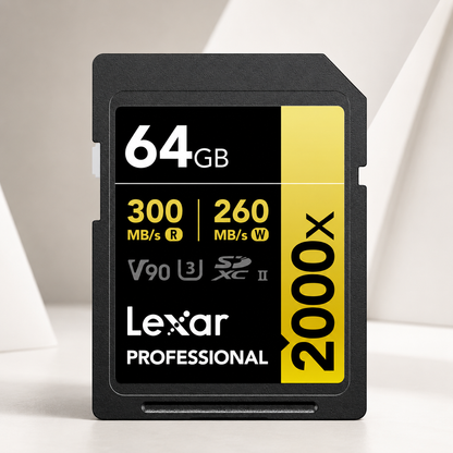 Lexar® Professional 2000x SDHC™/SDXC™ UHS-II Card GOLD / V90 up to 300 MB/s read, up to 260 MB/s write 64GB