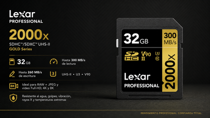 Lexar® Professional 2000x SDHC™/SDXC™ UHS-II Card GOLD / V90 up to 300 MB/s read, up to 260 MB/s write 32GB