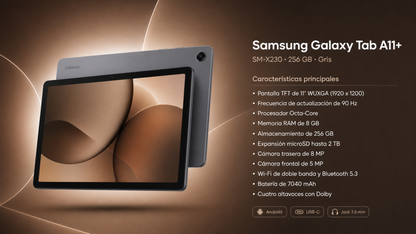 TABLET SAMSUNG TAB A11 SM-X230, Pantalla 11" WUXGA, Qualcomm Snapdragon 695, Almacena 256GB, RAM 8GB, Android 15, Bluetooth, WiFi, Doble Camara, Gray