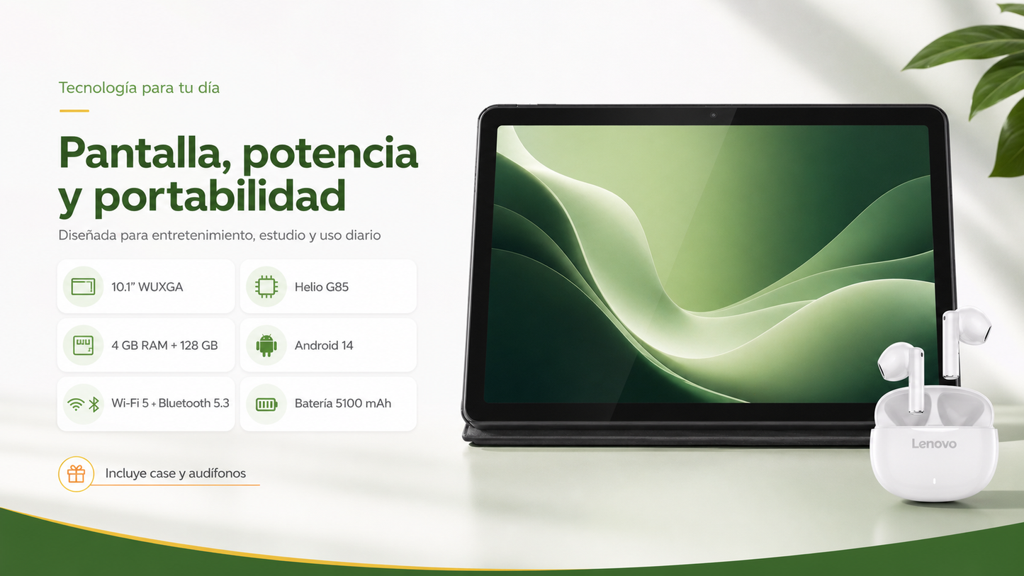 TABLET LENOVO TAB TB311FU, Pantalla 10.1" FHD, MediaTek Helio G85,128GB/Ram 4GB, Android 14, Bluet, WIFI, Doble Camara, Luna Grey