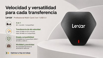 MULTILECTOR DE TARJETAS 3 EN 1 USB 3.1 LEXAR RW500 - ALTA VELOCIDAD USB 3.1