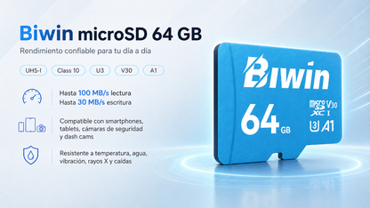 Memoria micro SD 64GB MS100 - Class 10, A1, UHS-I (U3), V30 (up to 100MB/s read, up to 30MB/s write) - Biwin 64 GB