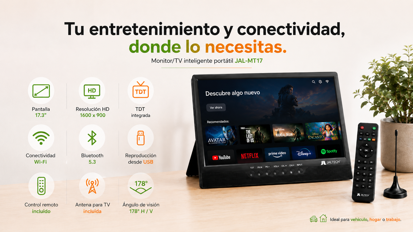 Monitor/TV inteligente portátil Jaltech de 17.3”