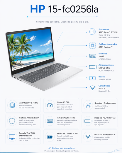 HP 15-FC0256LA - AMD RYZEN 5 7520U - 16GB LPDDR5 - 512GB SSD