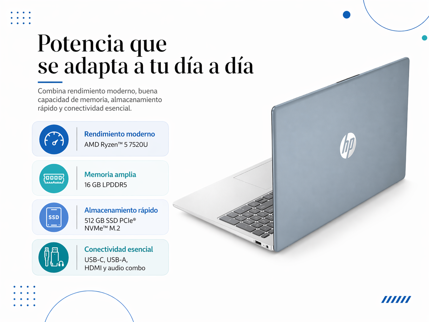 HP 15-FC0256LA - AMD RYZEN 5 7520U - 16GB LPDDR5 - 512GB SSD