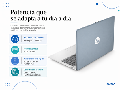 HP 15-FC0256LA - AMD RYZEN 5 7520U - 16GB LPDDR5 - 512GB SSD
