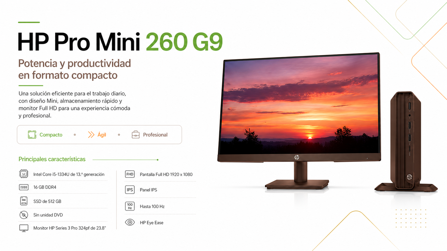 PC HP Pro Mini 260 G9, Intel Core I5 1334U, SSD 512GB, DDR4 16GB