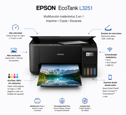 Impresora de inyección de tinta multifunción Epson L3251 Inalámbrico EcoTank