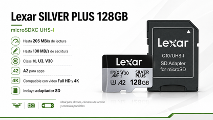 Memoria micro SD Professional SILVER PLUS microSDXC™ UHS-I Card 128GB -up to 205MB/s read, up to 100MB/s write, Class 10, U3, V30, A2 - Lexar® 128 GB