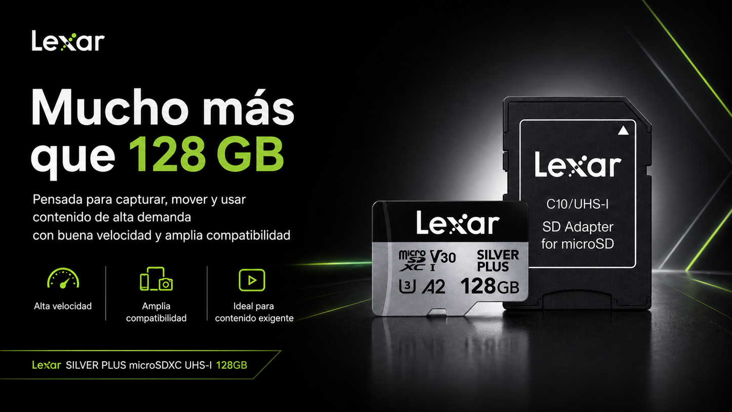 Memoria micro SD Professional SILVER PLUS microSDXC™ UHS-I Card 128GB -up to 205MB/s read, up to 100MB/s write, Class 10, U3, V30, A2 - Lexar® 128 GB