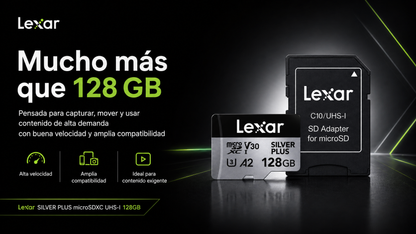 Memoria micro SD Professional SILVER PLUS microSDXC™ UHS-I Card 128GB -up to 205MB/s read, up to 100MB/s write, Class 10, U3, V30, A2 - Lexar® 128 GB