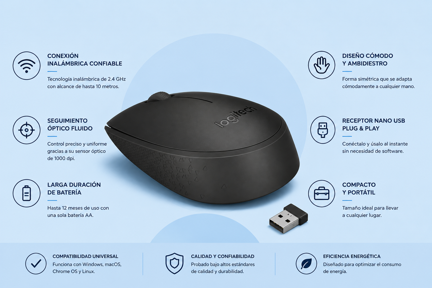 Mouse Logitech M170 - Radiofrecuencia - USB - Óptico - 2 Botón(es) - Negro - Inalámbrico
