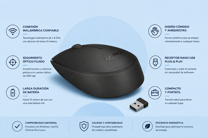 Mouse Logitech M170 - Radiofrecuencia - USB - Óptico - 2 Botón(es) - Negro - Inalámbrico
