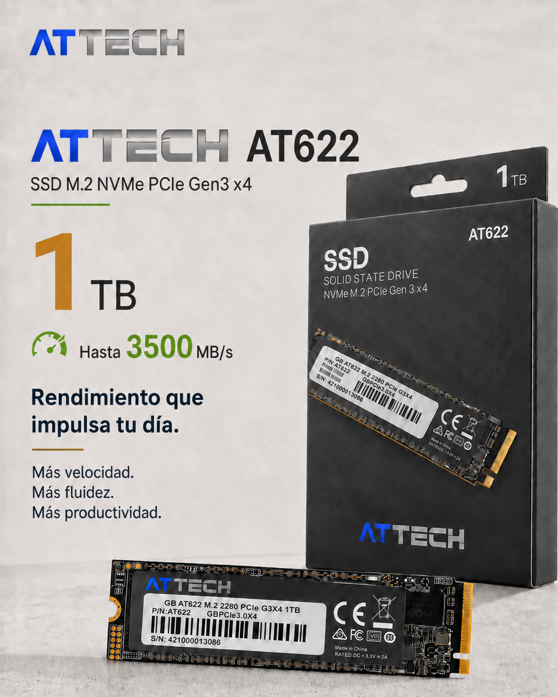 SSD interno ATTECH AT622 en formato M.2 NVMe PCIe Gen3 x4