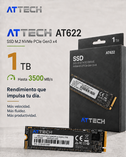 SSD interno ATTECH AT622 en formato M.2 NVMe PCIe Gen3 x4