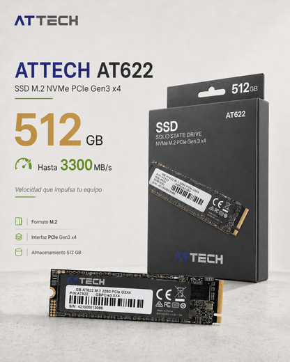 SSD interno ATTECH AT622 en formato M.2 NVMe PCIe Gen3 x4