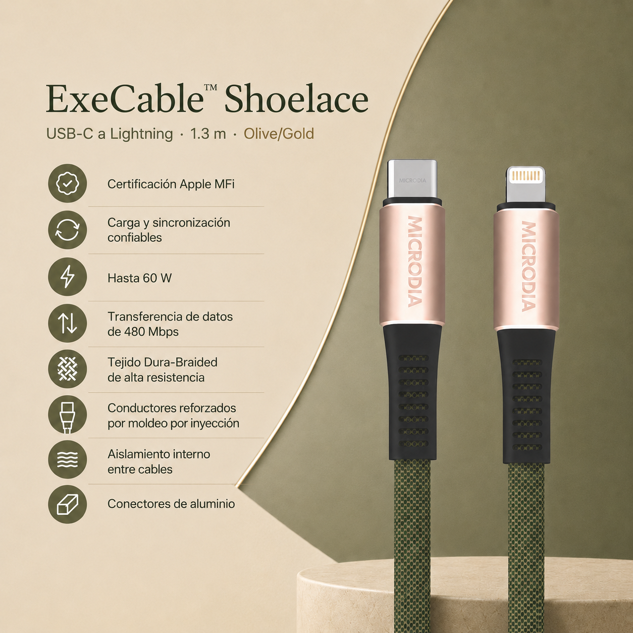 Cable MICRODIA Execable Shoelace USB-C a Lightning de 1.3 m