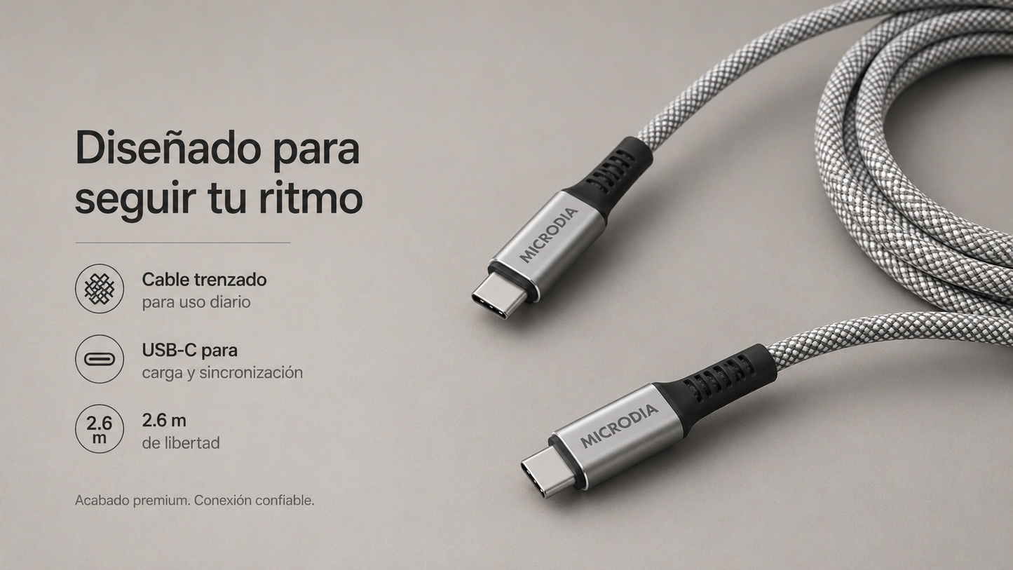 Cable USB-C a USB-C MICRODIA ExeCable Shoelace de 2.6 m en color gris
