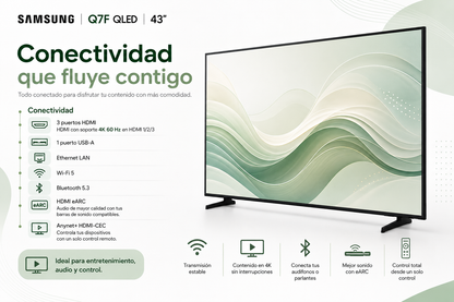 Smart TV Samsung Q7F QLED 4K de 43” con diseño negro, resolución 4K UHD de 3840 × 2160