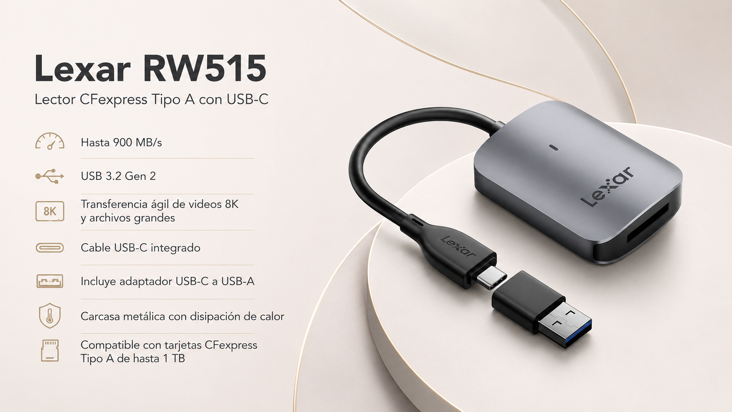 Lexar RW515 Lector de Tarjetas CFexpress Tipo A, Lector de Tarjeta CFe Tipo A de Hasta 900 MB/s, USB 3.2 Gen 2
