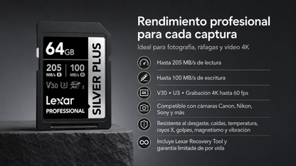 Memoria SD 64GB V30 4K 100MB/s Silver Plus-Professional-LEXAR