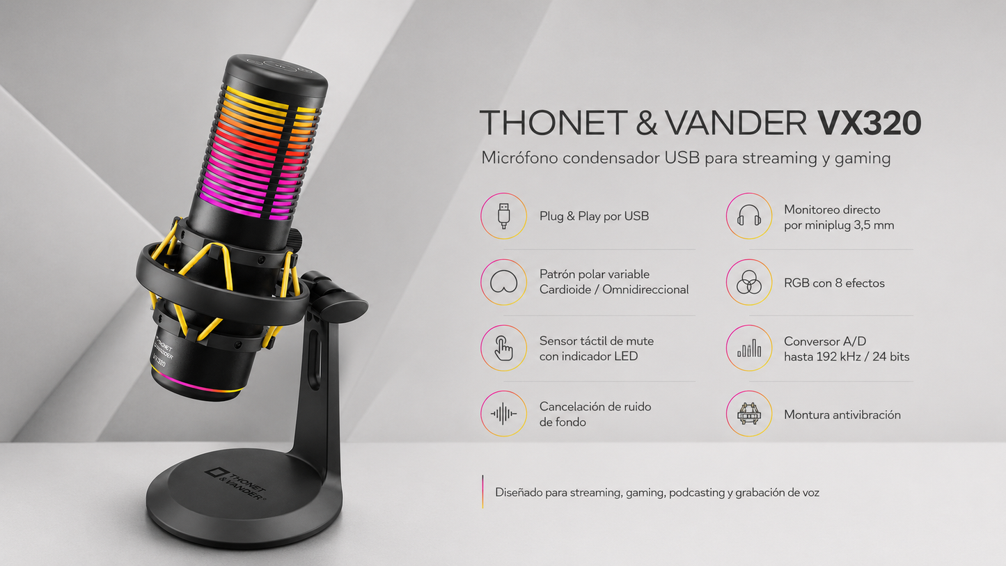 Microfono Thonet & Vander Vx320 - Alámbrico USB, micrófono condensador, RGB, streamers y gamers. Negro