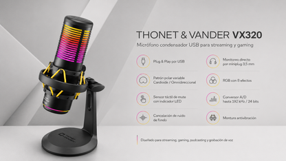 Microfono Thonet & Vander Vx320 - Alámbrico USB, micrófono condensador, RGB, streamers y gamers. Negro