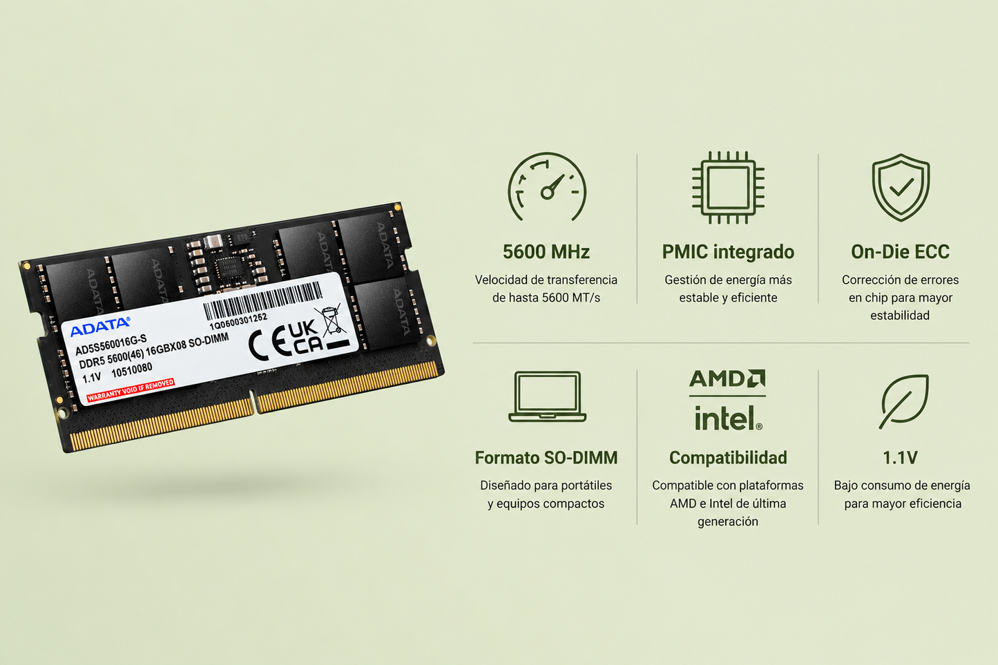 Memoria RAM ADATA DDR5 SO-DIMM de 16GB para portátil
