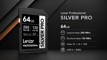 MEMORIA SD SILVER PRO 64GB—Class 10, U3, V60 (up to 280MB/s read, up to 120MB/s write) 64GB