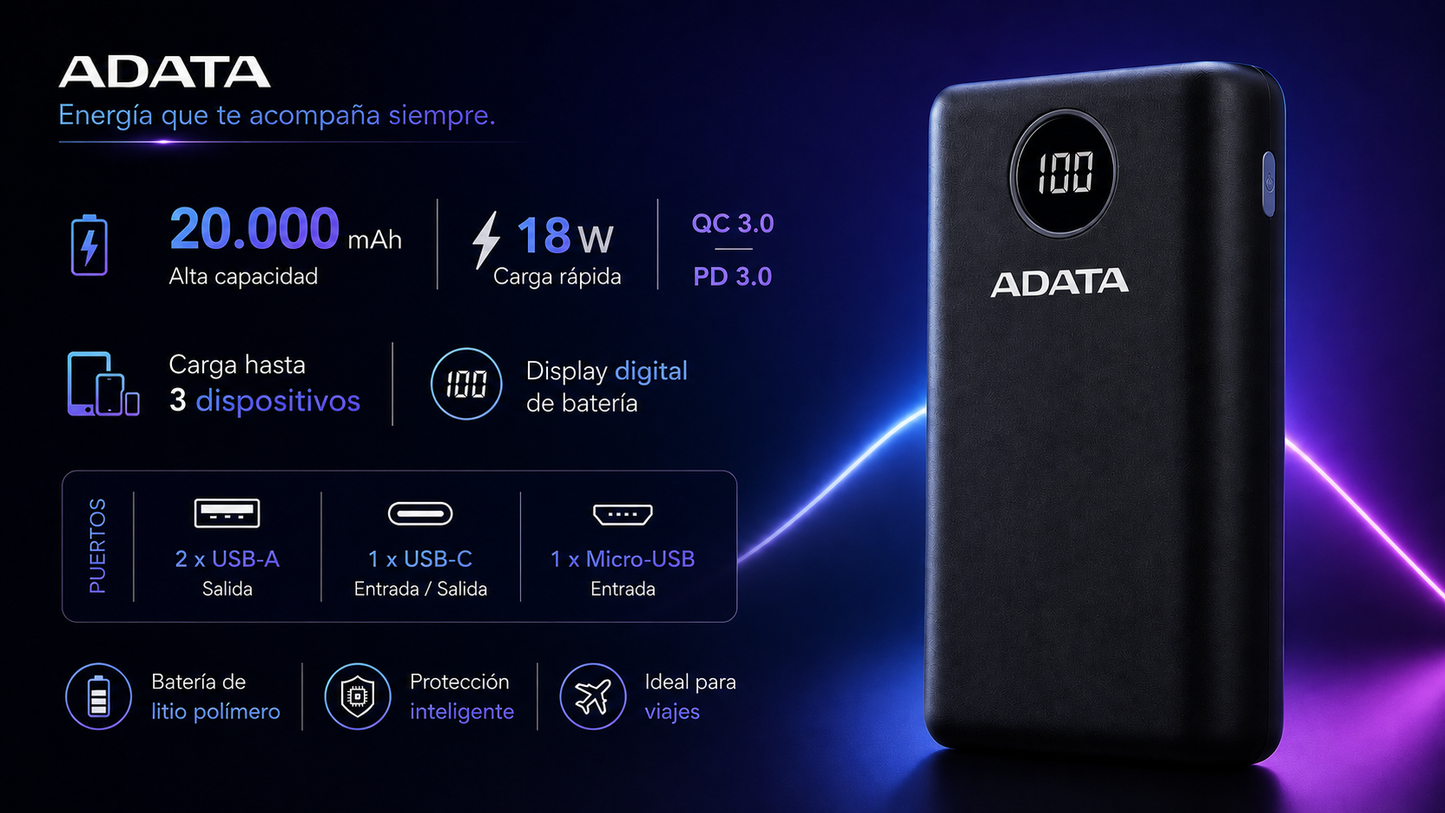 Cargador portátil Adata AP20000QCD-DGT-CBK - Negro