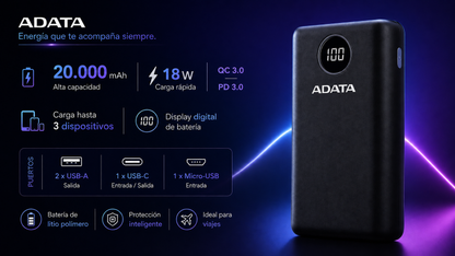 Cargador portátil Adata AP20000QCD-DGT-CBK - Negro