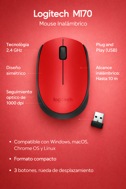 Mouse Logitech M170 - Radiofrecuencia - USB - Óptico - 3 Botón(es) - Rojo - Inalámbrico