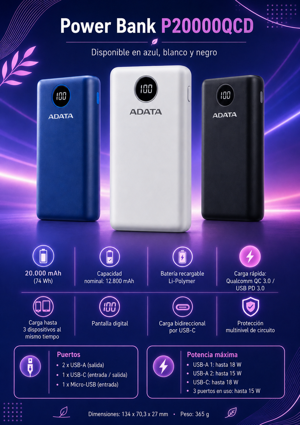 Cargador portátil Adata AP20000QCD-DGT-CBK