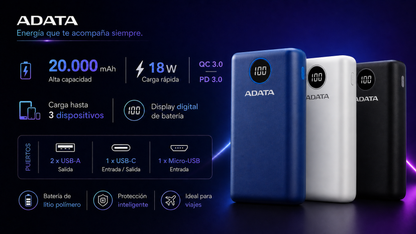 Cargador portátil Adata AP20000QCD-DGT-CBK