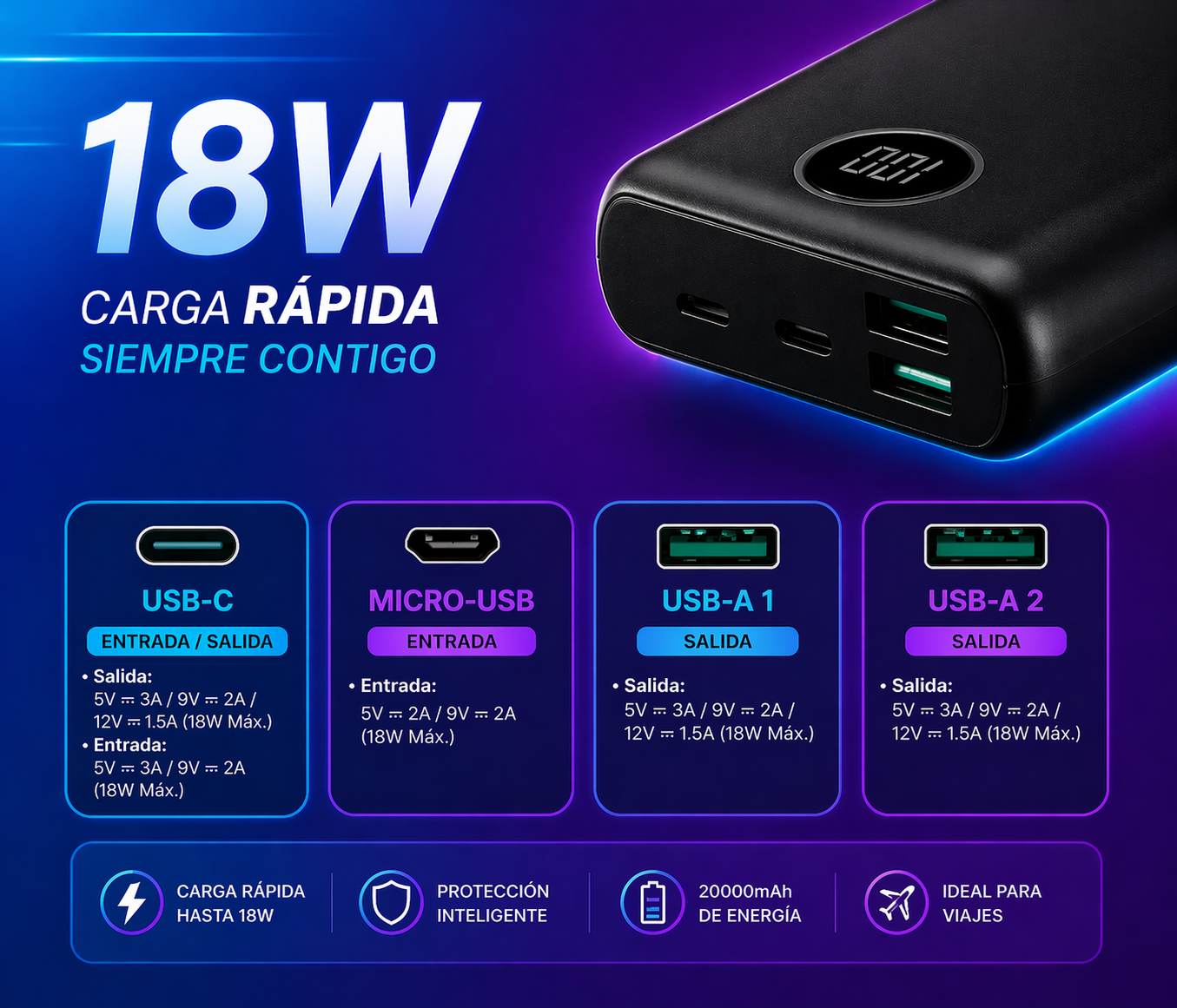 Cargador portátil Adata AP20000QCD-DGT-CBK