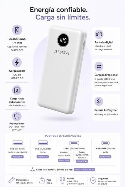Cargador portátil Adata AP20000QCD-DGT-CWH - Blanco