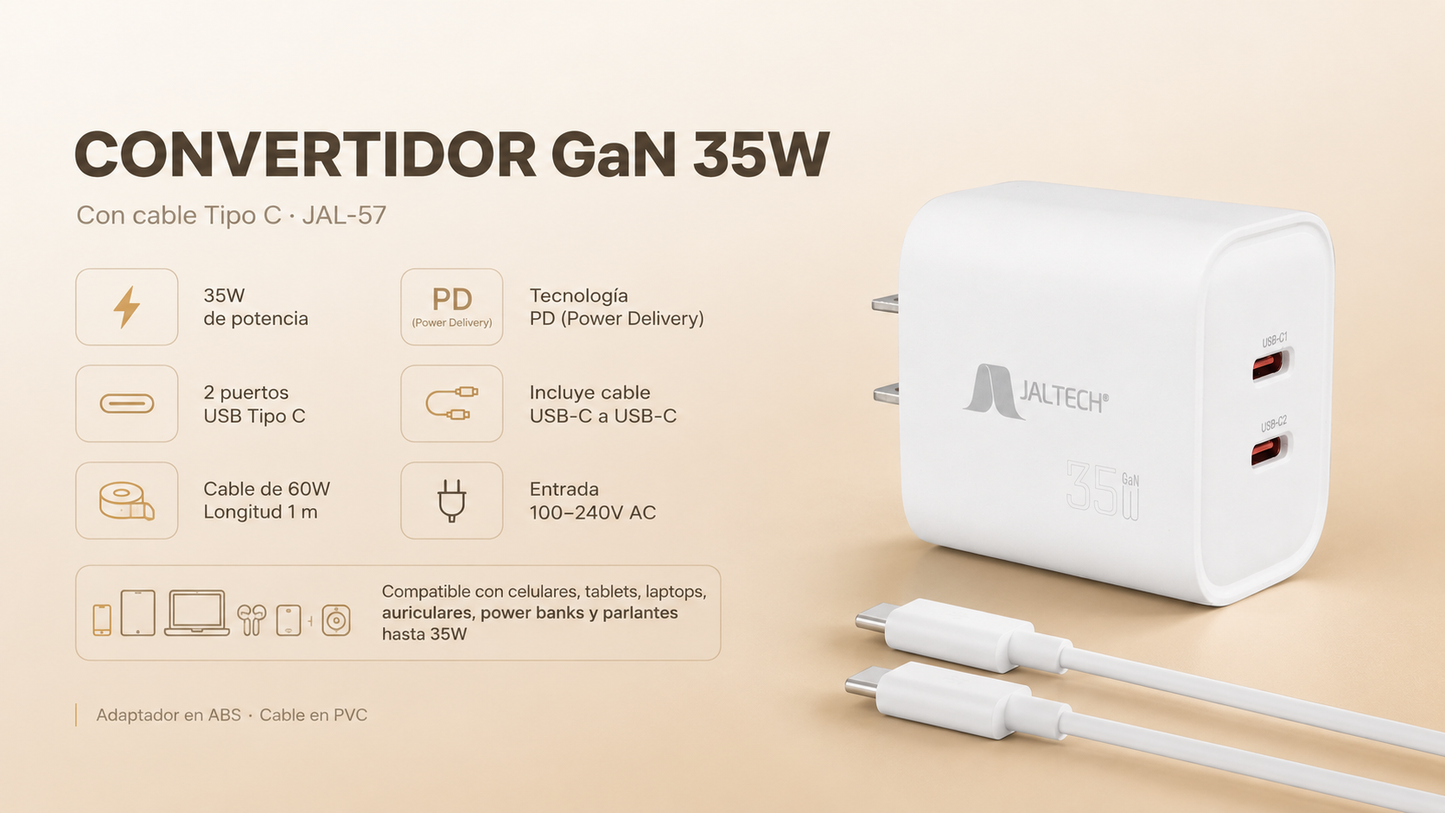 CONVERTIDOR GaN 35W CON CABLE TIPO C JAL-57