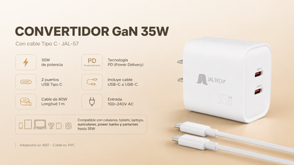 CONVERTIDOR GaN 35W CON CABLE TIPO C JAL-57