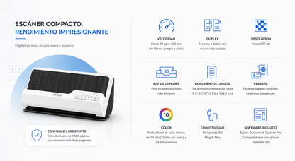 Escáner de superficie plana Epson DS-C330 - 600 ppp Óptico - 10-bit Color - 30 ppm (Mono) - 30 ppm (Color) - Escaneo dúplex - USB
