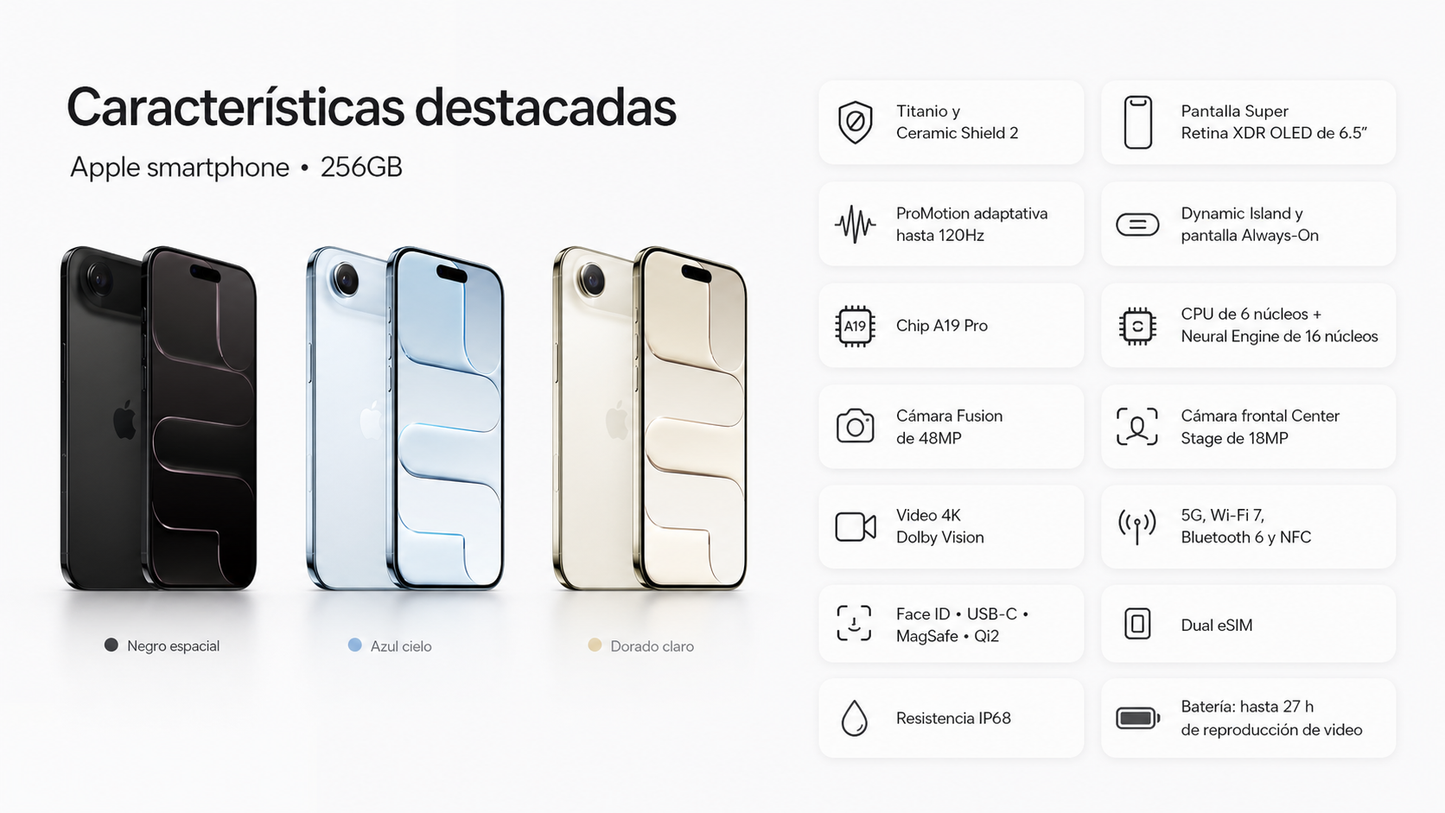 Smartphone Apple iPhone Air 256GB - 5G - 16.5cm (6.5") Tecnología ProMotion HDR10+ - Hexa-core (6 núcleos) (Dual-core (2 núcleos) 4.26GHz Quad-core (4 Core) - 12GB RAM