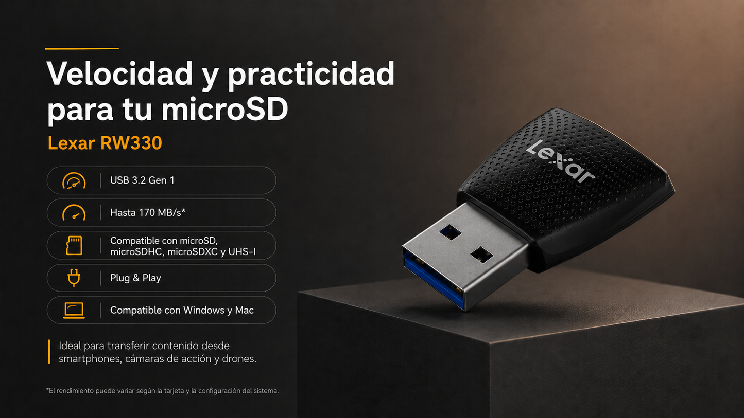 LECTOR DE MEMORIAS MICRO SD A USB 3.2 LEXAR RW330 - ALTA VELOCIDAD USB 3.2