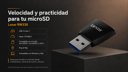 LECTOR DE MEMORIAS MICRO SD A USB 3.2 LEXAR RW330 - ALTA VELOCIDAD USB 3.2