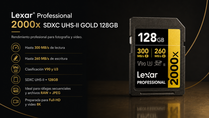 Lexar® Professional 2000x SDHC™/SDXC™ UHS-II Card GOLD / V90 up to 300 MB/s read, up to 260 MB/s write 128GB