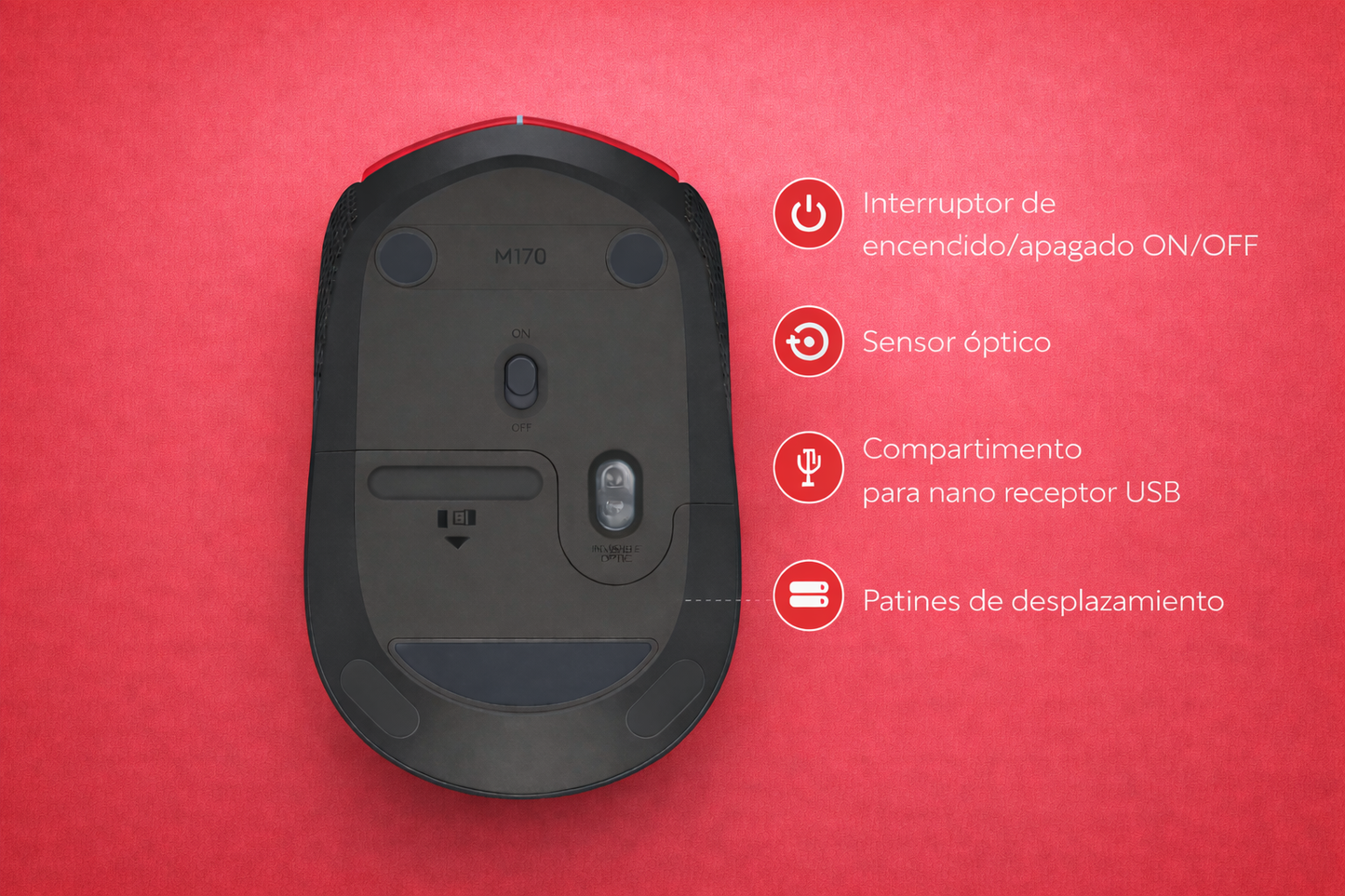 Mouse Logitech M170 - Radiofrecuencia - USB - Óptico - 3 Botón(es) - Rojo - Inalámbrico