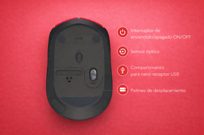 Mouse Logitech M170 - Radiofrecuencia - USB - Óptico - 3 Botón(es) - Rojo - Inalámbrico