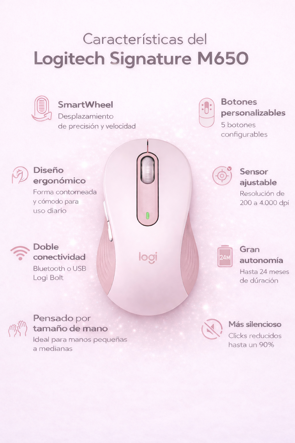 Mouse Logitech Signature M650 - Frecuencia Bluetooth/Radio - USB - Óptico. Inalámbrico