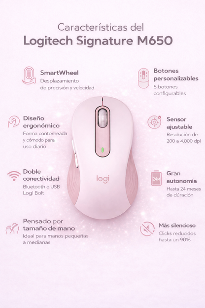 Mouse Logitech Signature M650 - Frecuencia Bluetooth/Radio - USB - Óptico. Inalámbrico