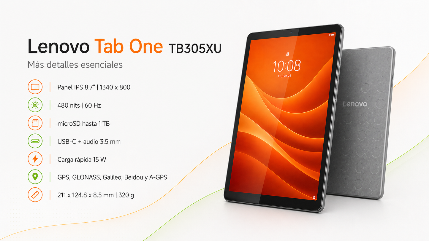 TABLET LENOVO TAB ONE TB305XU, Pantalla 8.7" HD, MediaTek Helio G85, 128GB/Ram 4GB, Android 14, Bluet, WIFI, 4G LTE, Doble Camara, Luna Grey